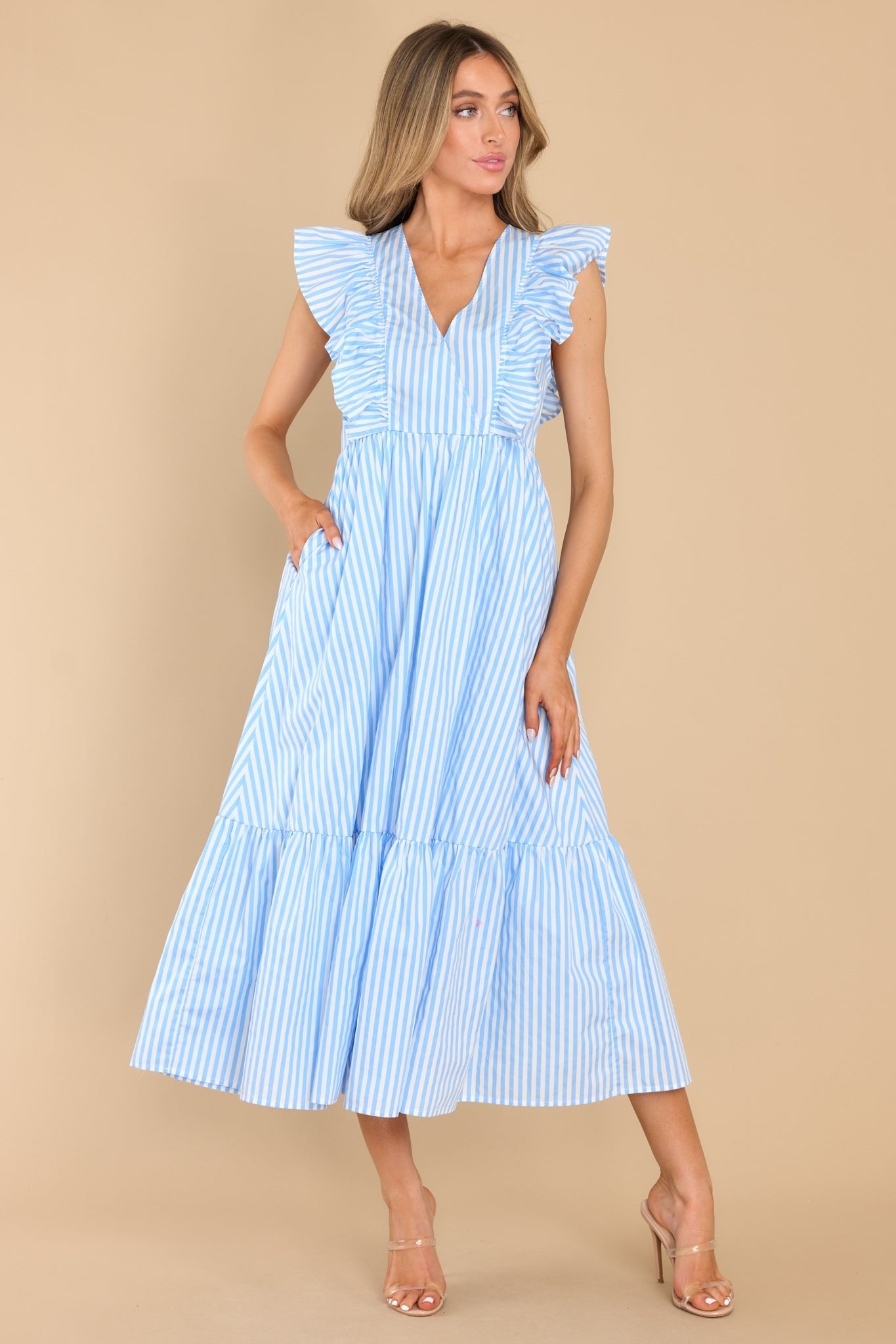 Let Love In Blue Stripe Midi Dress - Red Dress