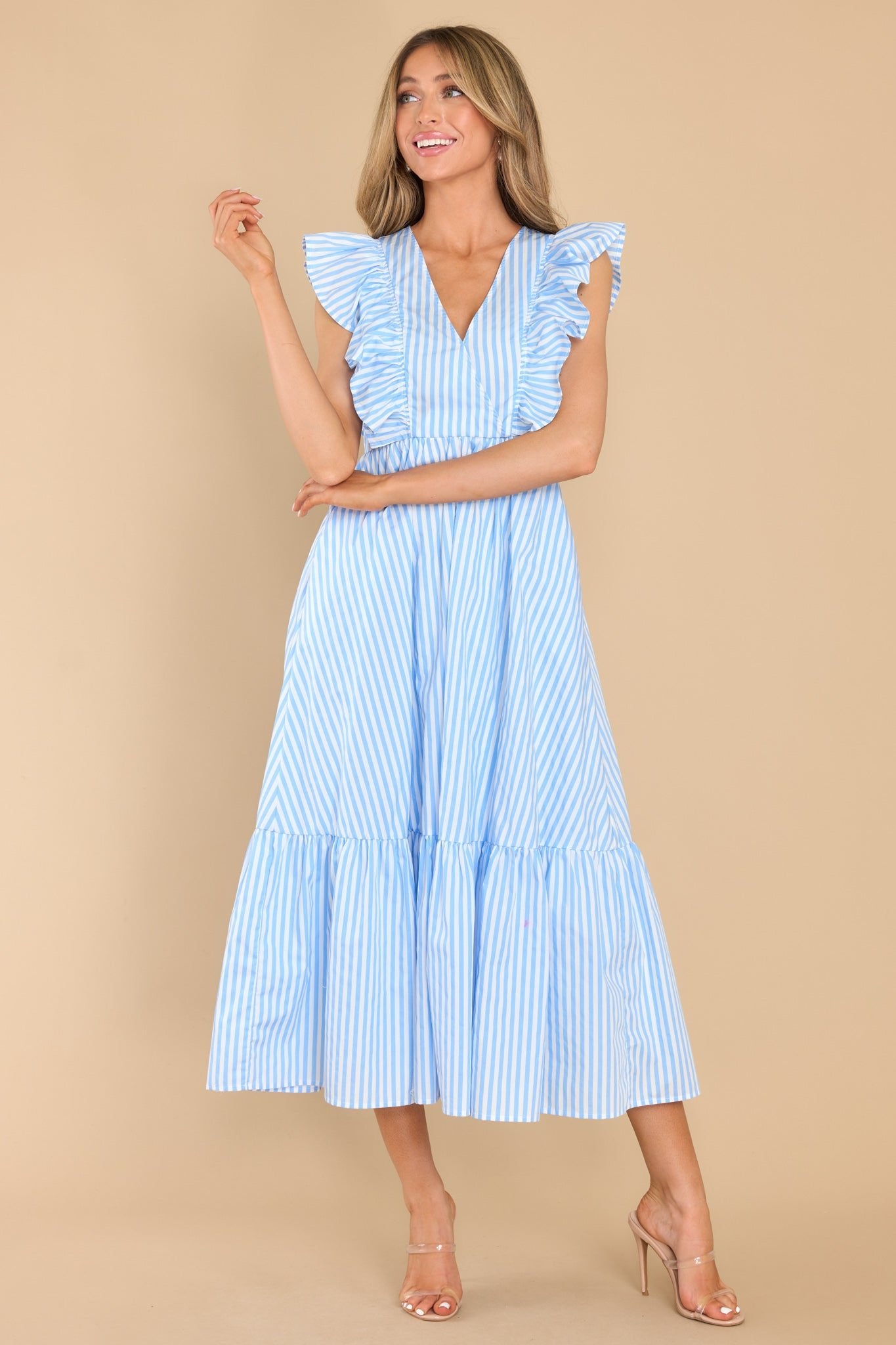 Let Love In Blue Stripe Midi Dress - Red Dress