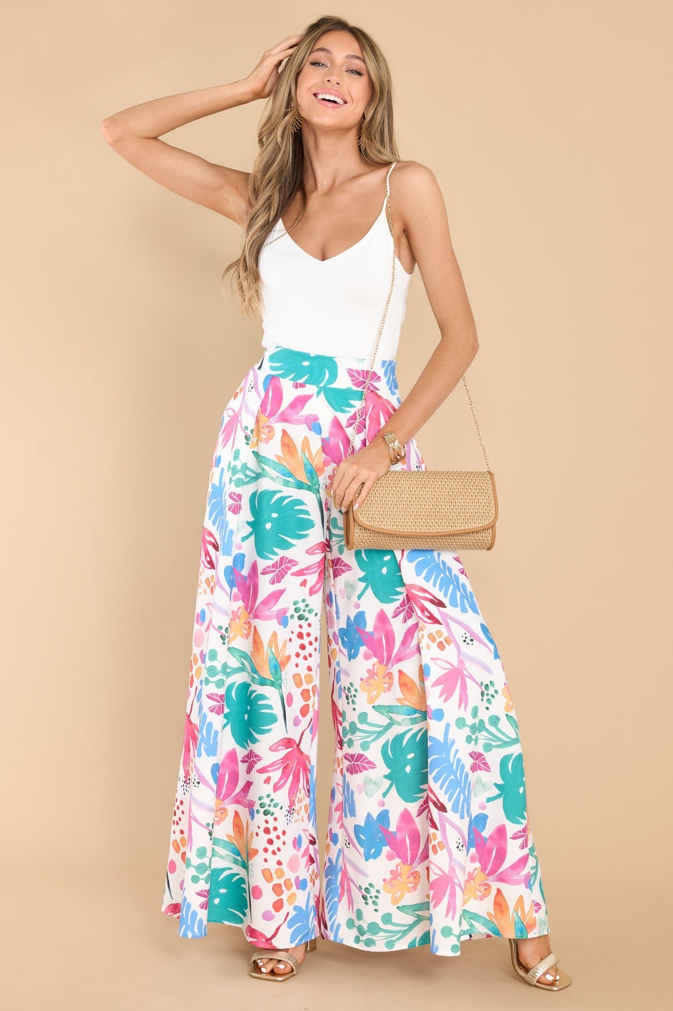 Play More White Multi Print Pants - Red Dress