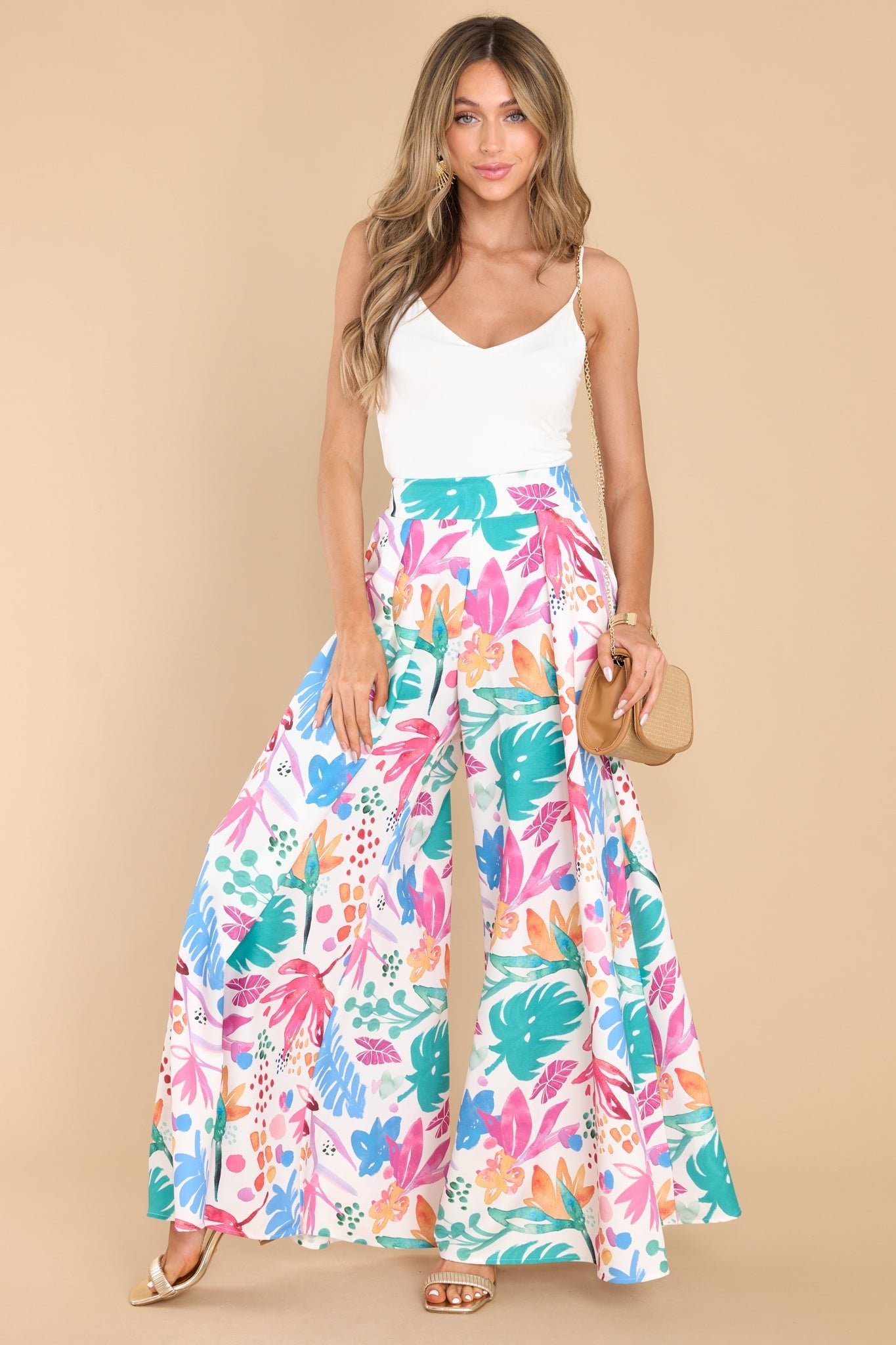 Play More White Multi Print Pants - Red Dress