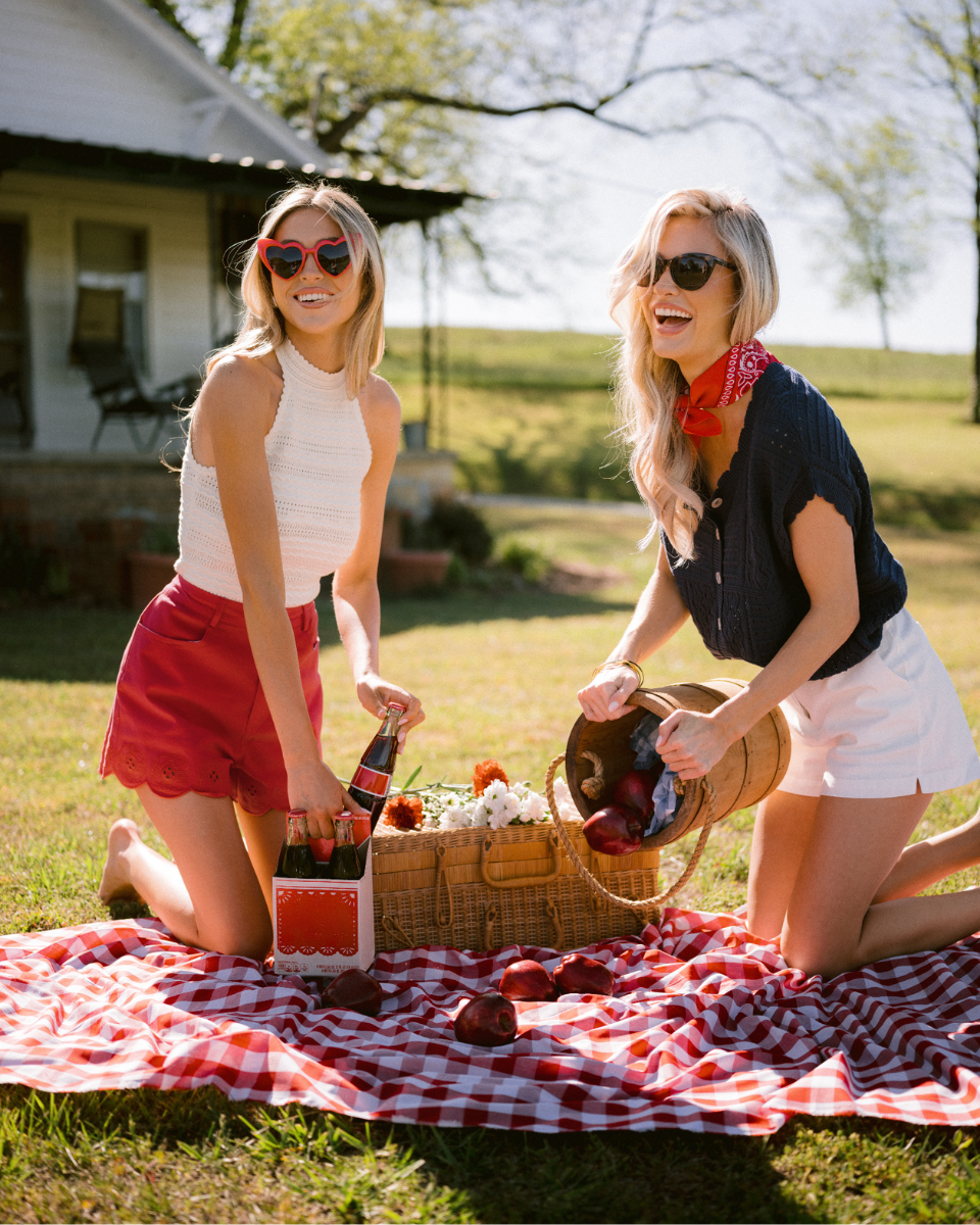 Two girls dressed in red, white, and blue attire, having a picnic on the grass in front of a white house. 