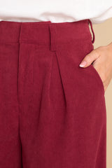 Close up view of these pants that feature a corduroy like material with a zipper hook and eye closure, and two front functional pockets.