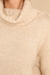 Close up view of this sweater that features a high chunky turtle neck and a super soft fabric.