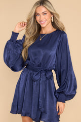 Front view of this dress that showcases the satin-like finish of the fabric.