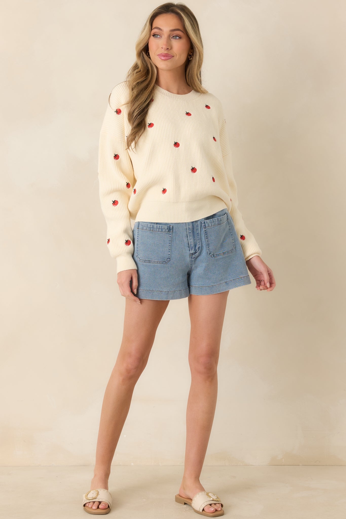 Ribbed knit sweater with long sleeves, classic crew neckline, and comfortable polished silhouette.