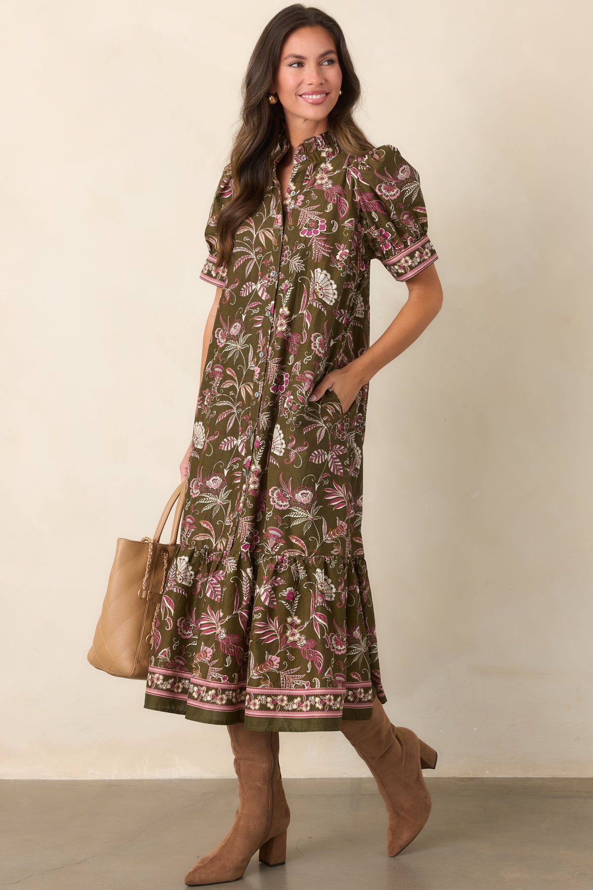 Woodland Romance Olive Green Floral Cotton Midi Dress