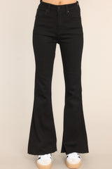 Standard waist down front view of Black Stretch Flare Leg Jeans.