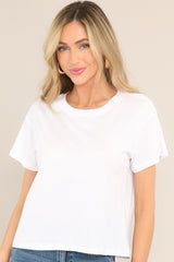 Front view of this tee that features a ribbed crew neckline and short sleeves.