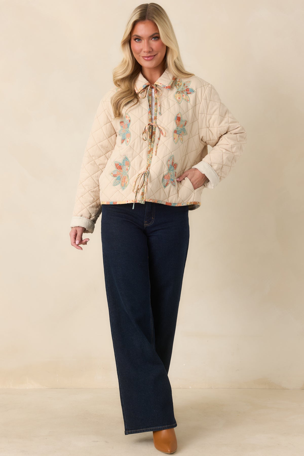 In the Morning Light Ecru Floral Appliqué Quilted Jacket