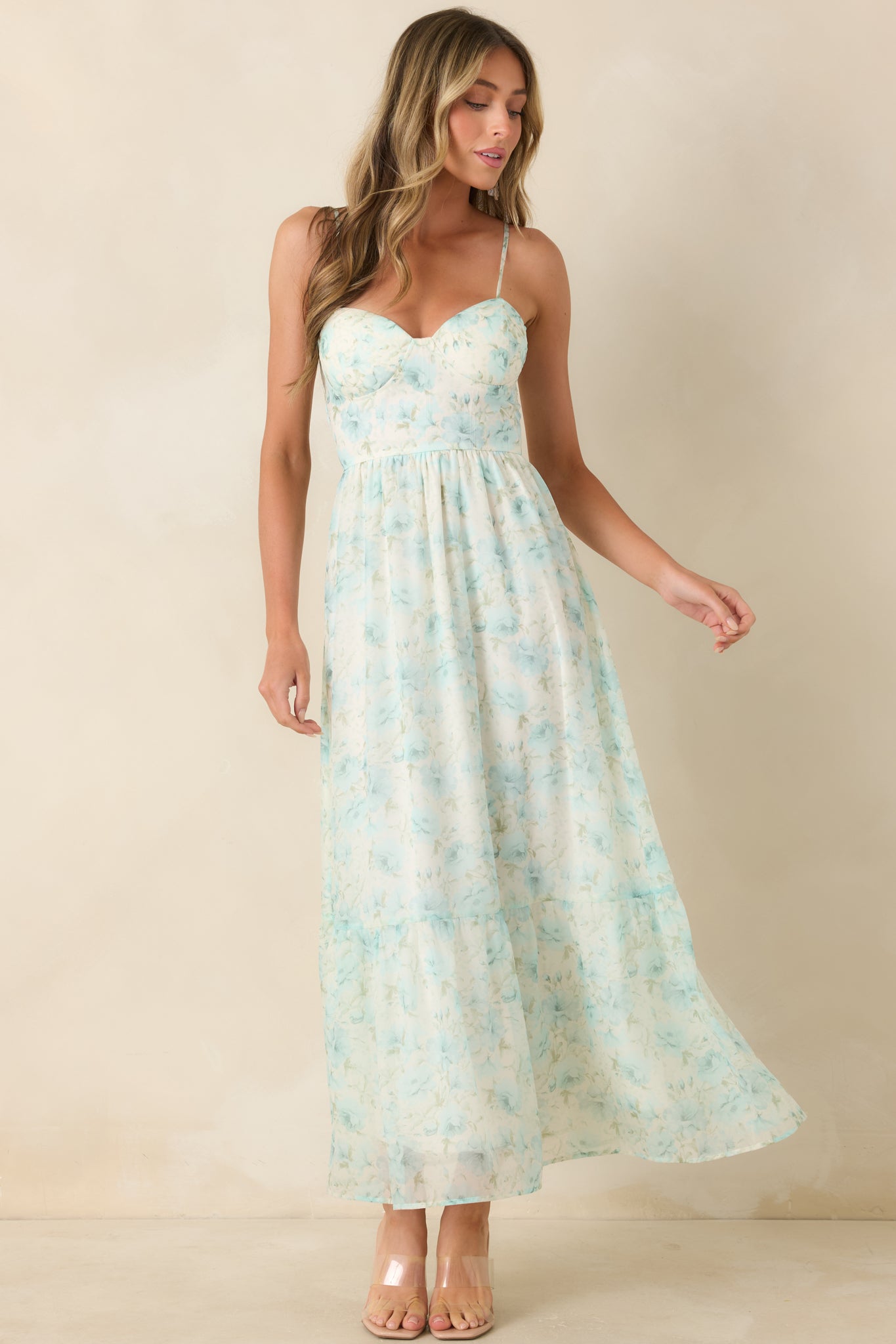 Women's Love Me Softly Aqua Blue Floral Bustier Maxi Dress | Size: M | Red Dress Women's Love Me Softly Aqua Blue Floral Bustier Maxi Dress | Size: M | Red Dress