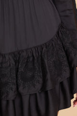 Close up view of this dress that features lace detailing throughout and a fun flirty skirt.