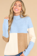 This multi-colored sweater features a mock neckline, a color block design and a ribbed material. 
