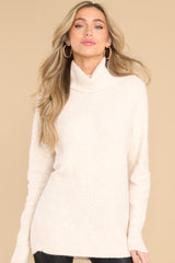 Front view of this sweater that features a cowl turtle neckline and long sleeves with ribbed cuffs.