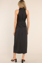 Back view of this dress that features a high cowl neckline, a zipper down the back, a wrap-like design with a self-tie feature at the waist, and a front slit.