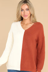Front view of this sweater that showcases the two-tone color blocking detail.