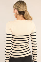 Back view of this top that features a crew neckline, a stretchy ribbed fabric, a striped pattern, and long sleeves.