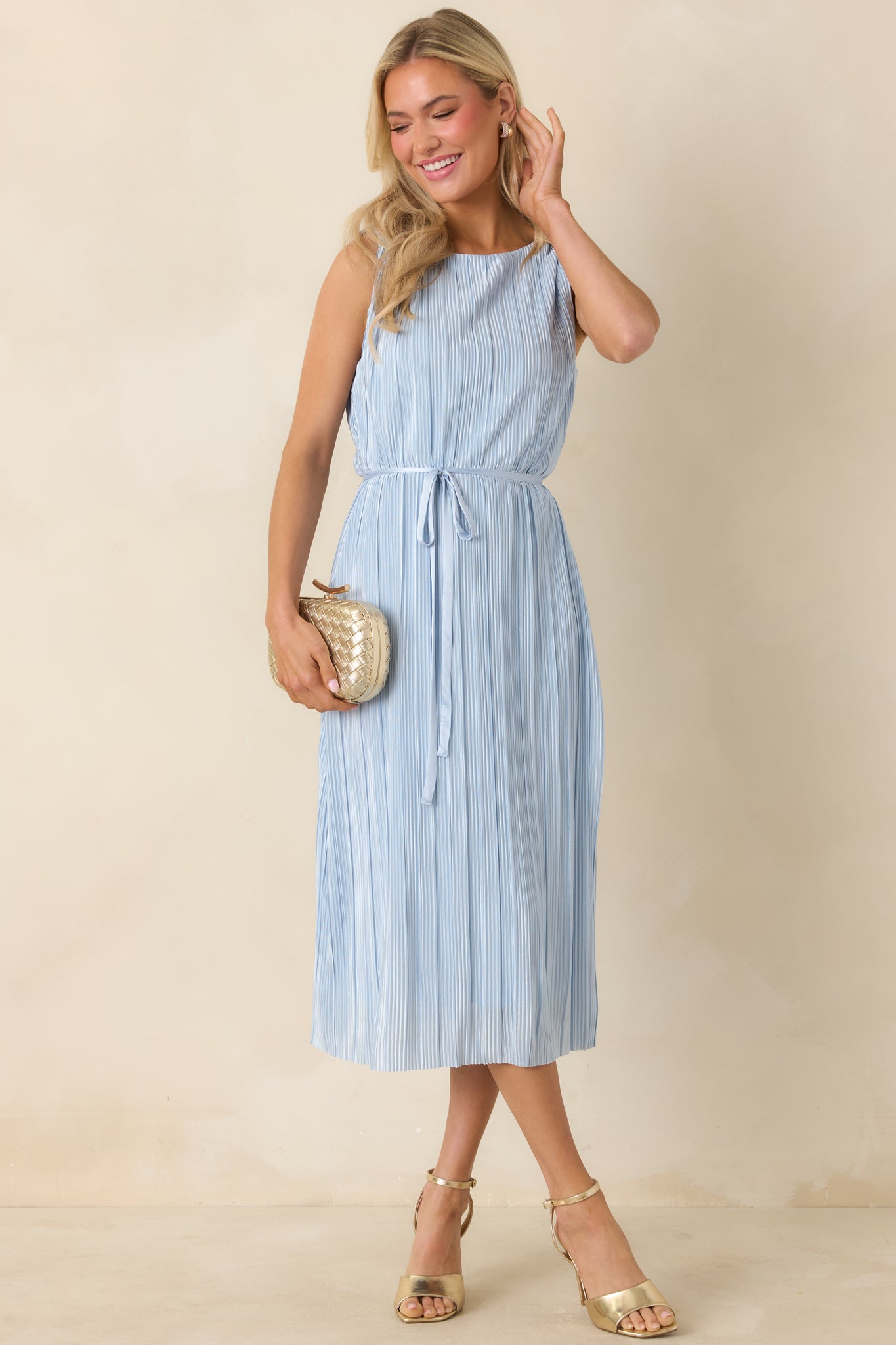 Afterglow Light Blue Pleated Midi Dress
