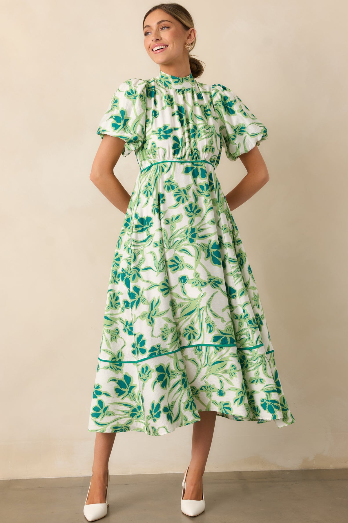 Serena Puff Sleeve Ruched Detail Dress Watercolor Print Green