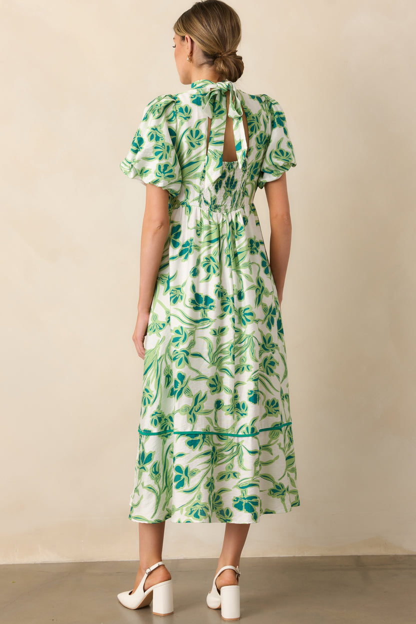 Pre-Order Green Floral Tiered Long Puff Sleeve Shirt Dress main image 0