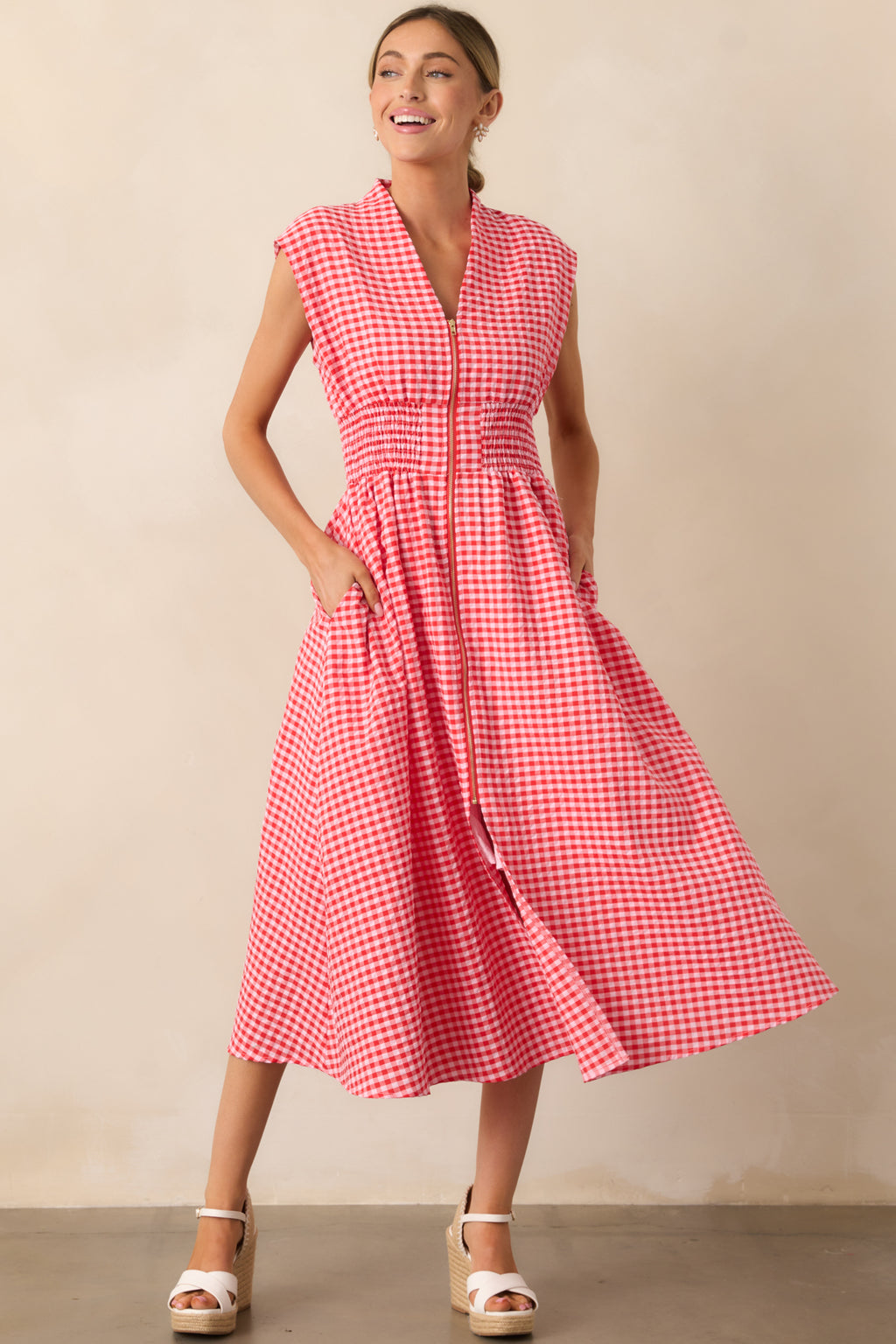 Red Gingham Zip Front Midi Dress - All Dresses