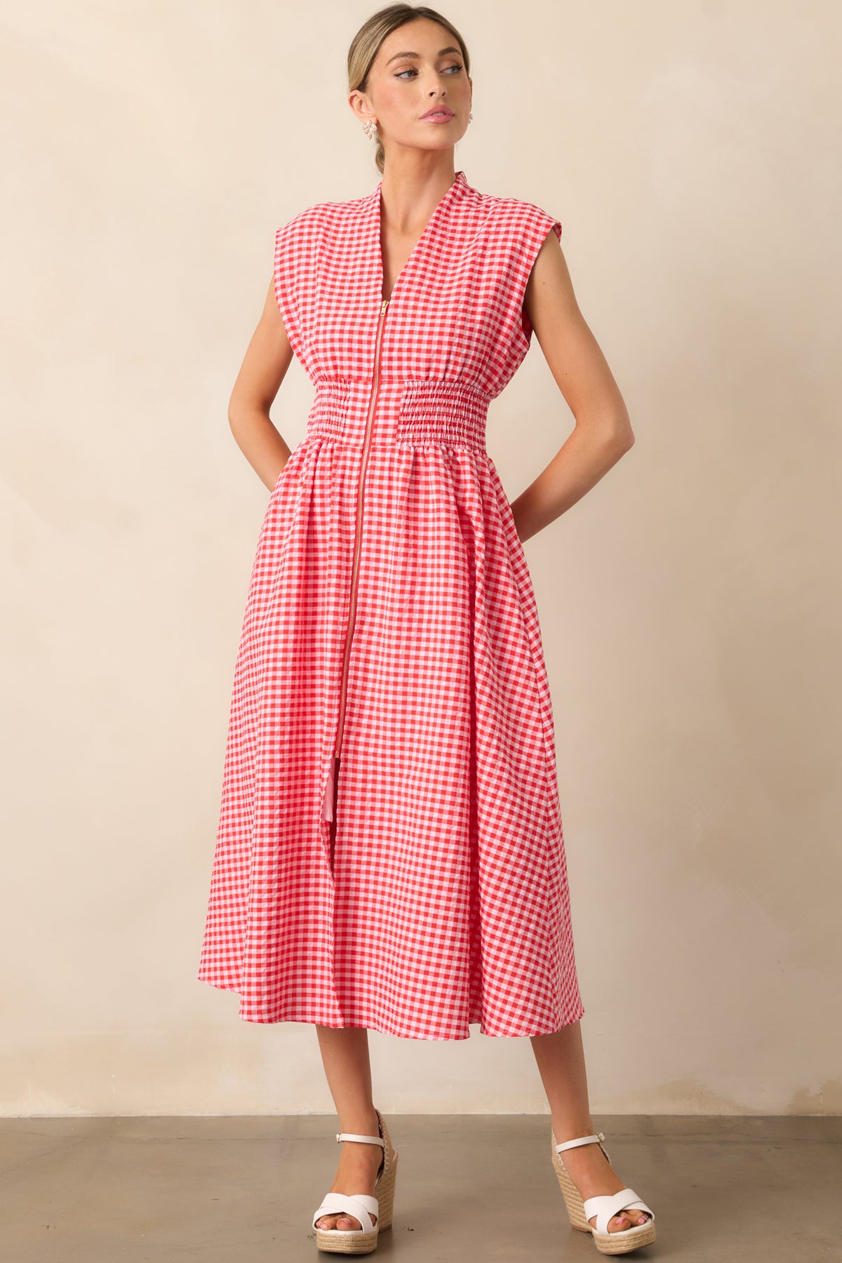 Red Gingham Zip Front Midi Dress