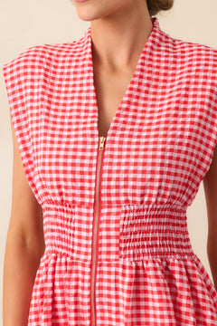 (THML) The Devion Gingham Zip Dress-Red