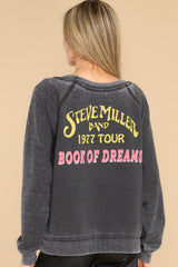 Back view of this sweatshirt that showcases a graphic that says 