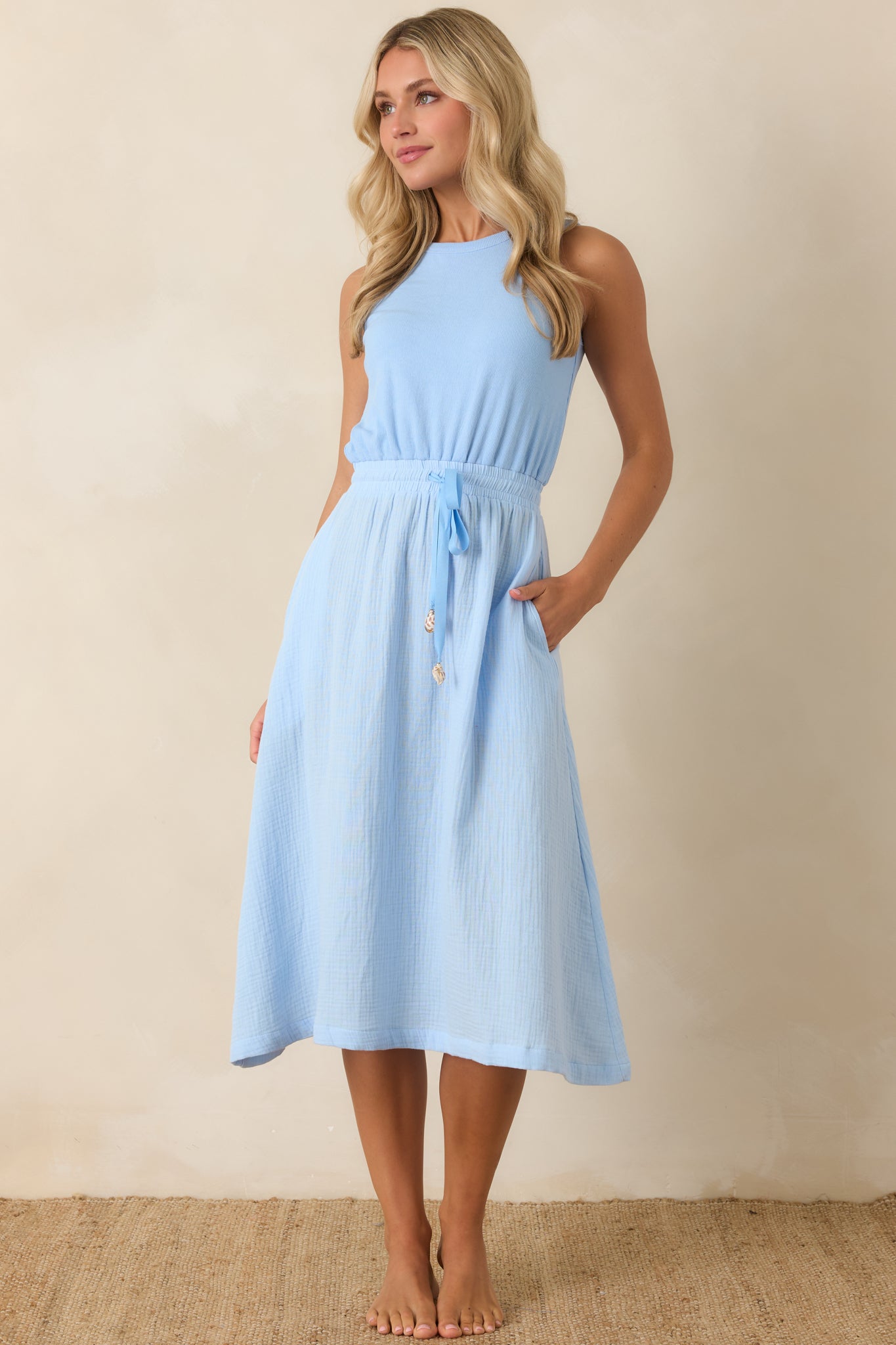 Women's Bonita Oceana Blue Cotton Sleeveless Midi Dress | Color: Light Blue | Size: L Women's Bonita Oceana Blue Cotton Sleeveless Midi Dress | Color: Light Blue | Size: L