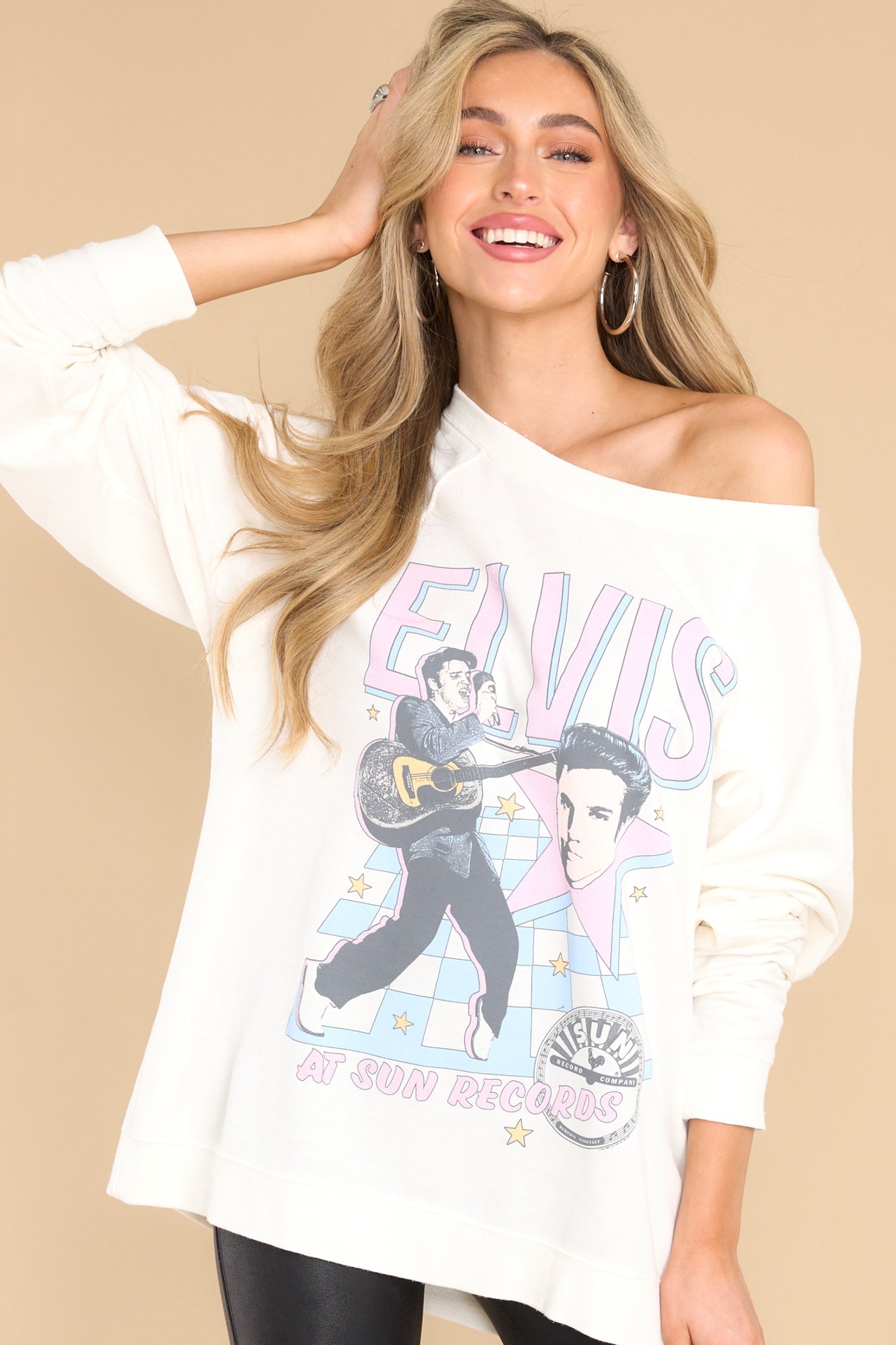 5 Sun Records X Elvis Presley Memphis White Sweatshirt at reddress.com