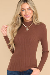 Front view of this chocolate brown long sleeve top. 