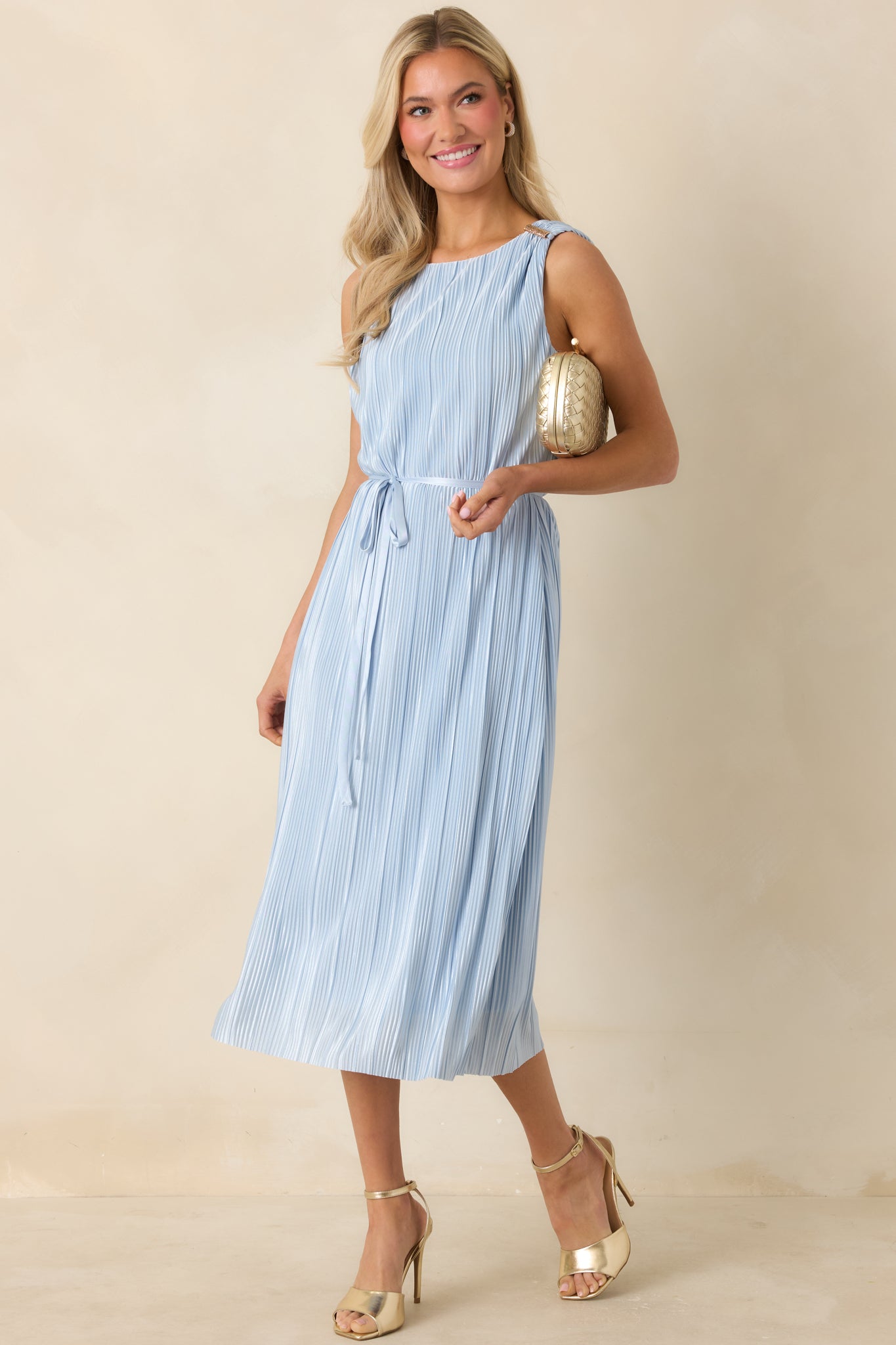 Afterglow Light Blue Pleated Midi Dress