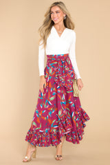 Full body view of this skirt that showcases the floral pattern of the fabric.