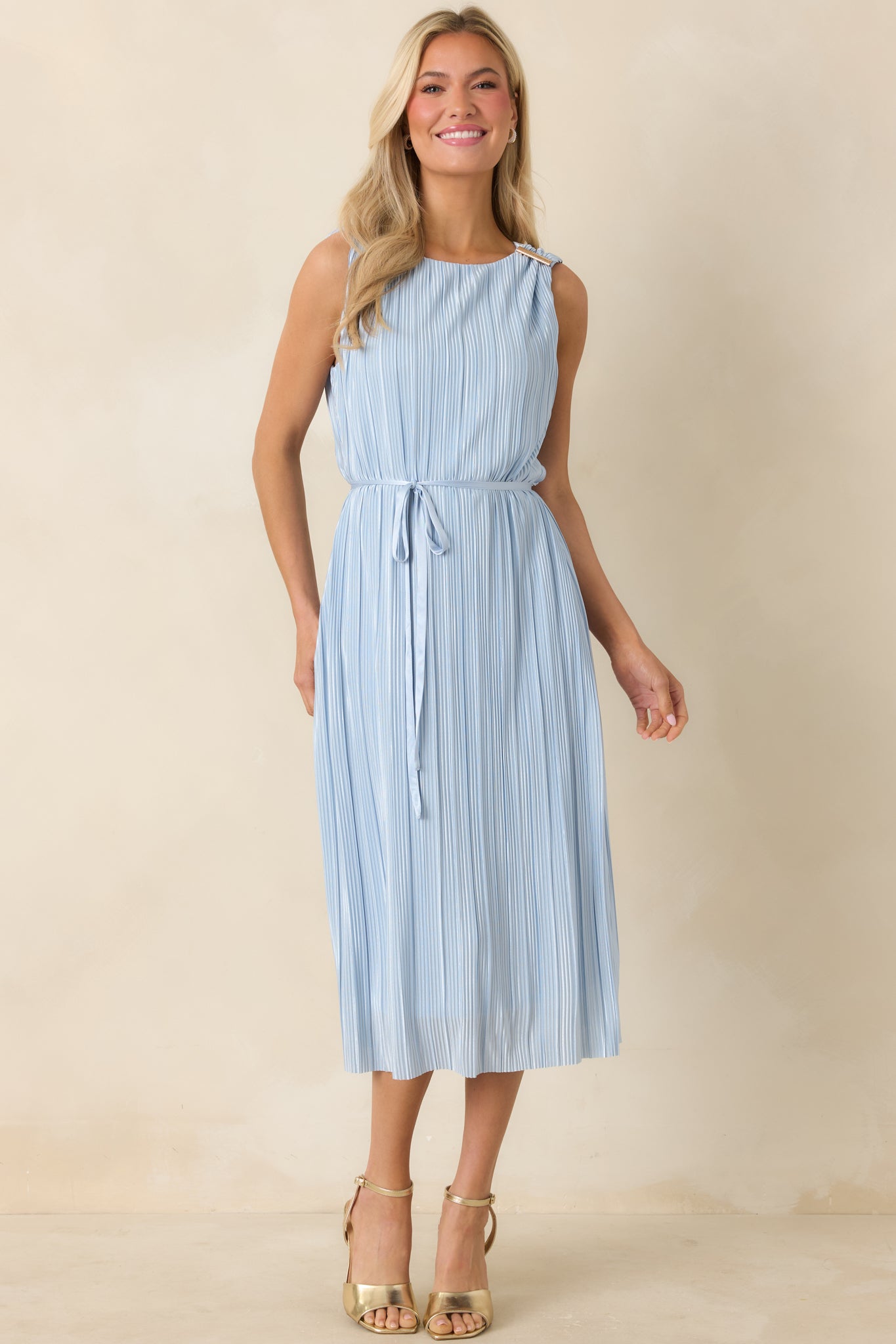 Afterglow Light Blue Pleated Midi Dress