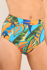 Front view of these bottoms that feature a high rise, moderate coverage, and a fun printed design. 