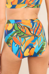 Back view of these bottoms that feature a high rise, moderate coverage, and a fun printed design.