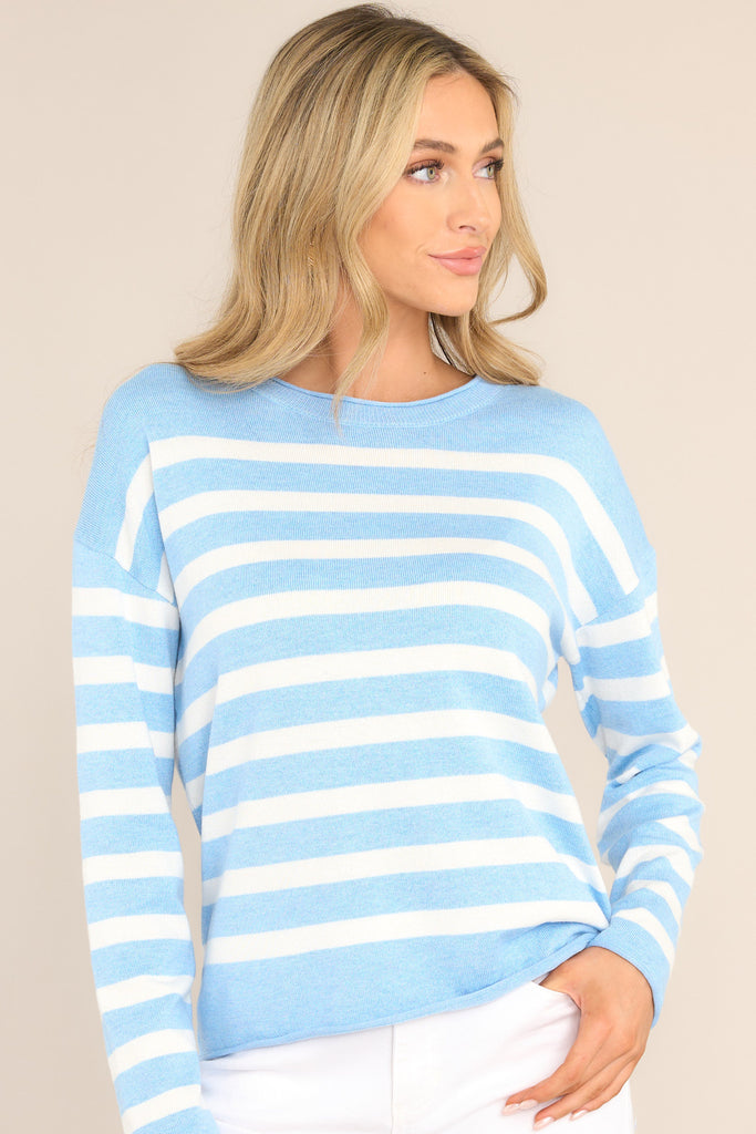Cozy Sky Blue & White Striped Sweater - All Sweaters | Red Dress