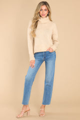 Full body view of this sweater that features a high chunky turtle neck and ribbed detailing on the cuffs and bottom hem.