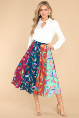 Full body view of this skirt that showcases the color-block pattern of the fabric.