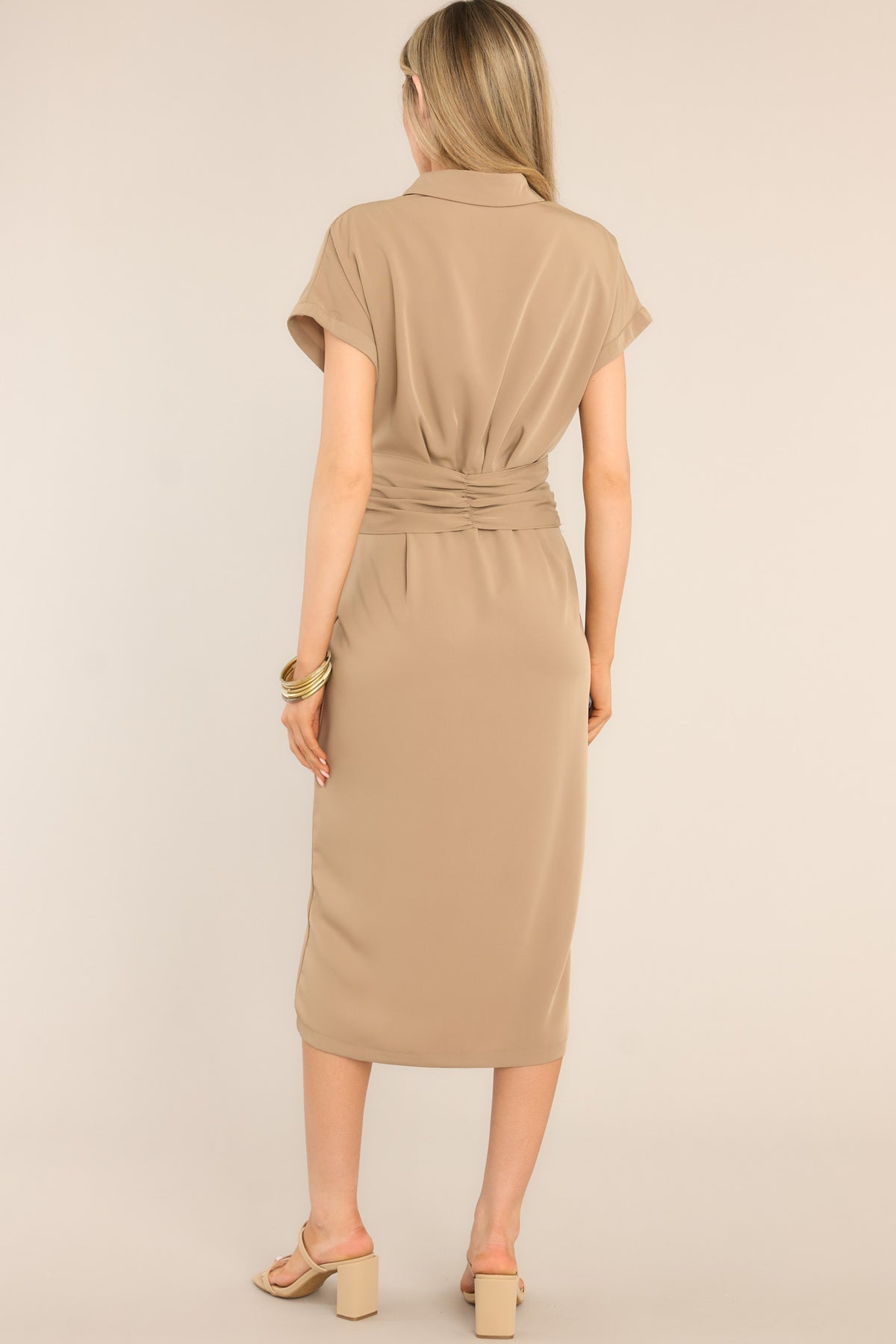 Flattering Tan Button Front Midi Dress