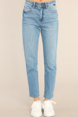 Front view of these jeans that feature 5-pocket detailing and a standard zipper and button closure.