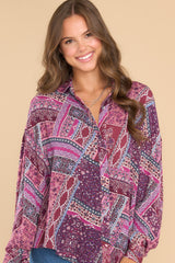 Front view of this top that showcases a bohemian print in shades of purple.