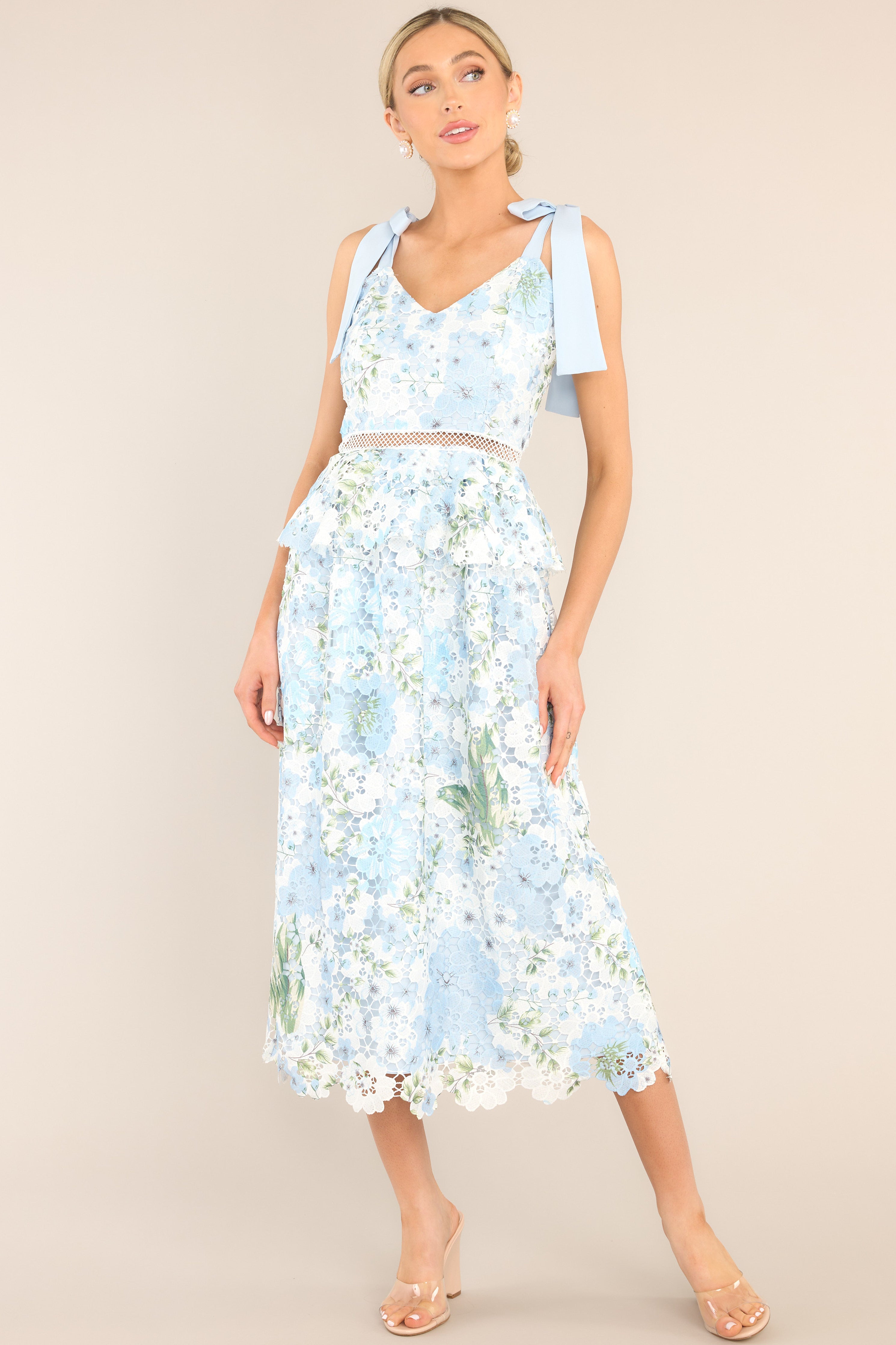 Light Blue Lace Floral Midi Dress