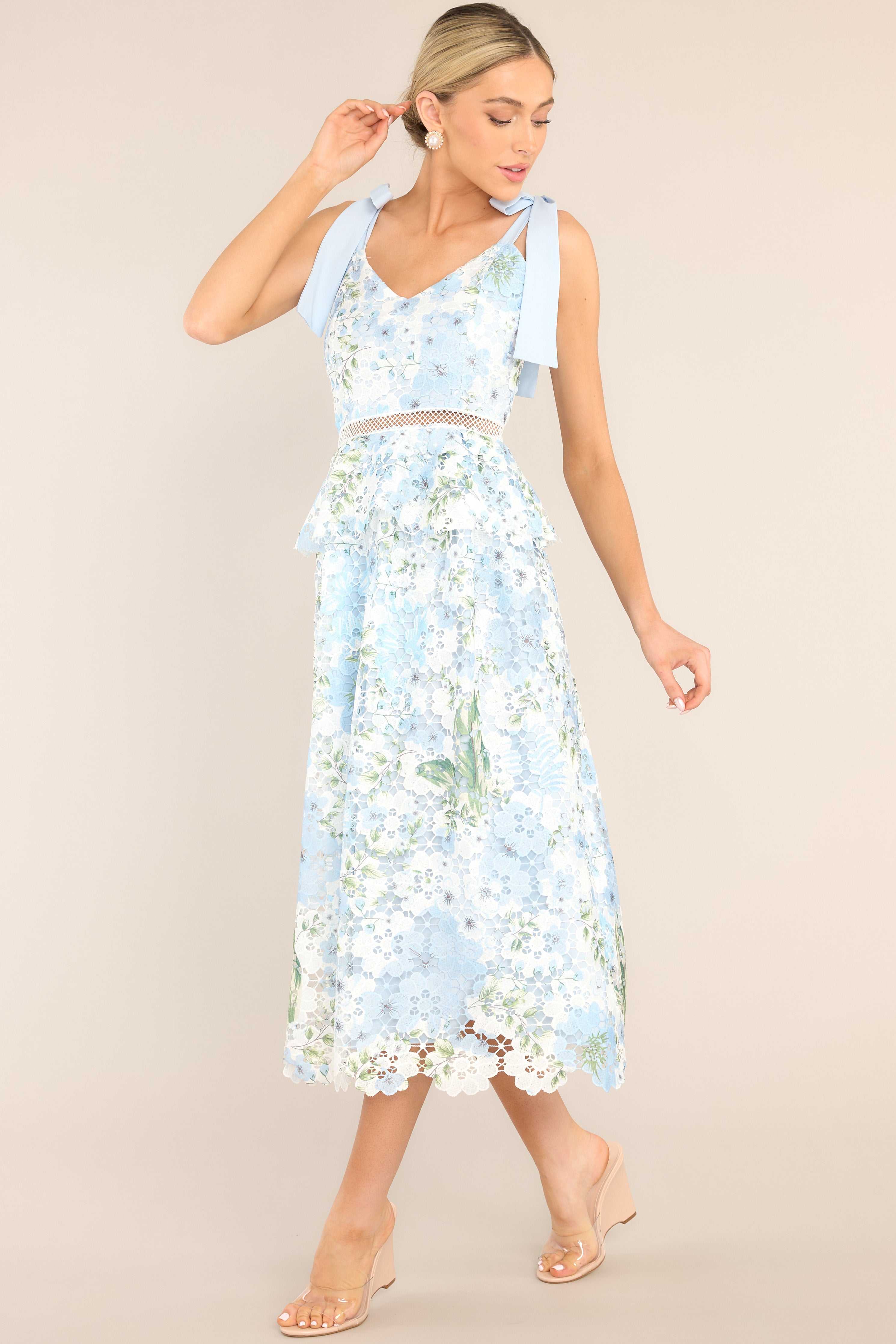 Light Blue Lace Floral Midi Dress