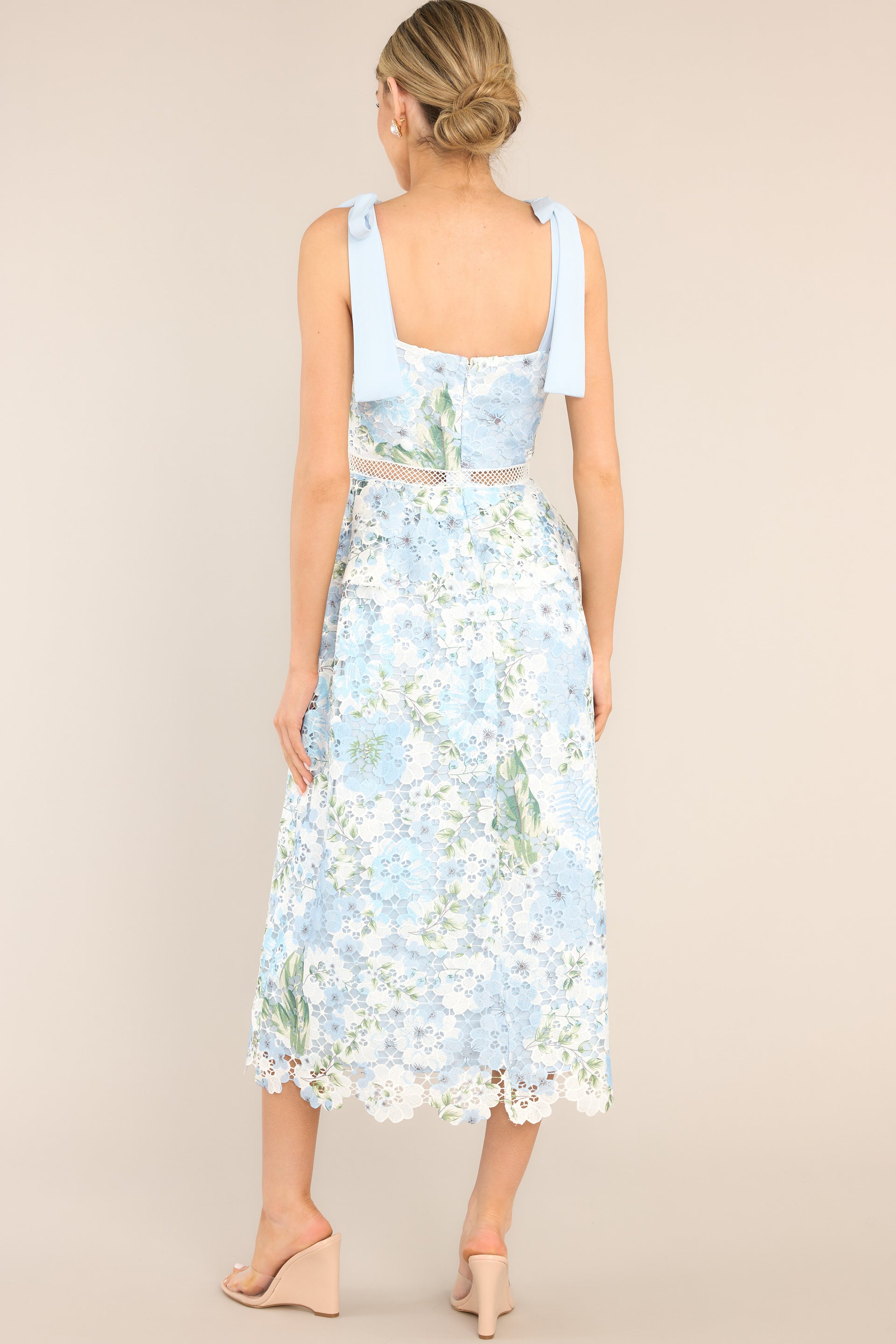 Light Blue Lace Floral Midi Dress