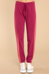 Front view of these pants that feature an elastic waist, an adjustable self-tie drawstring, elastic cuffs at the ankles, and stripes down the side.