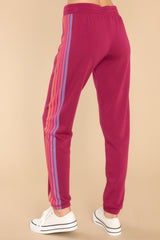 Back view of these pants that feature an elastic waist, an adjustable self-tie drawstring, elastic cuffs at the ankles, and stripes down the side.