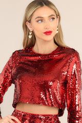 Front view of  this sequin top that features an all over sequin flip design, long sleeves, and a cropped hemline.