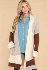 Front view of this cardigan that features color blocking, two functional pockets, and an oversize fit.