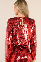 Back view of  this sequin top that features an all over sequin flip design, long sleeves, and a cropped hemline.