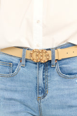 Front view of this belt that features gold hardware, and a double hoop buckle closure.